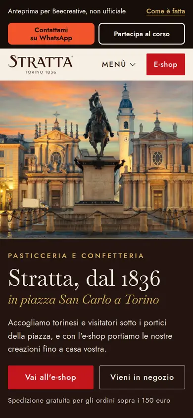 La prima schermata della home rifatta sul telefono: piazza San Carlo e il titolo «Stratta, dal 1836» sul cioccolato