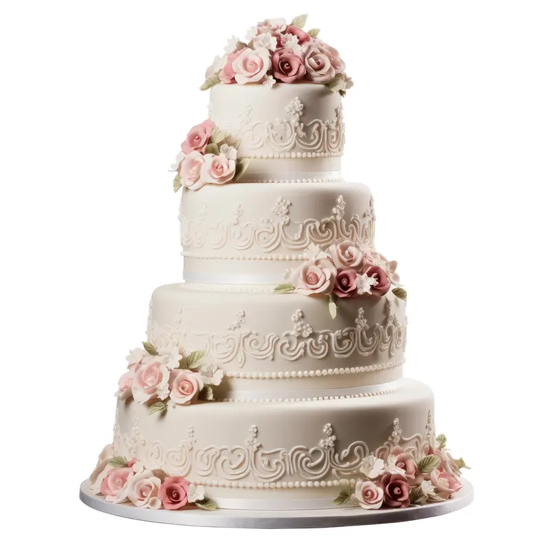Una torta nuziale a quattro piani con le rose di zucchero